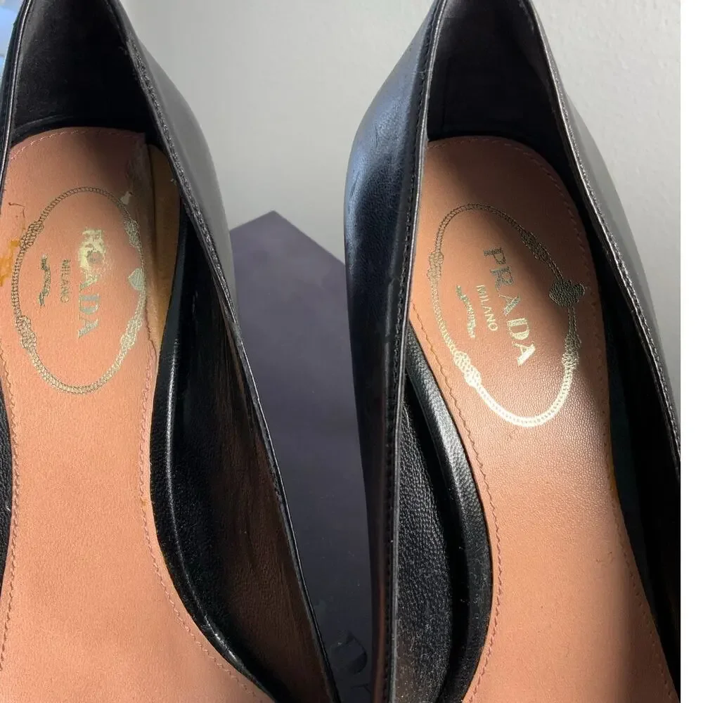 Prada Capretto Pretty‎ Nero Authentic Black Peep Toe Pumps size 37.5 - Picture 3 of 9